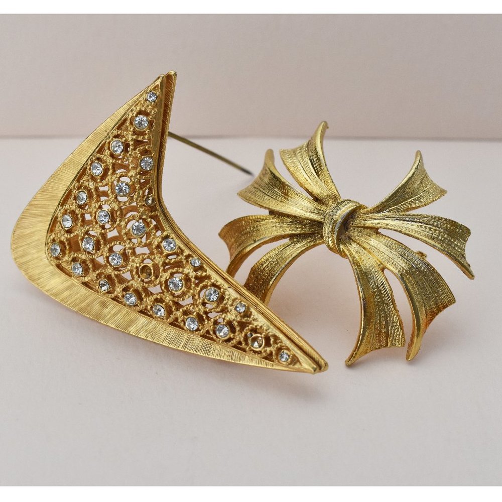 Vintage crystal brooch lot, large fall gold tone jewelry pins
